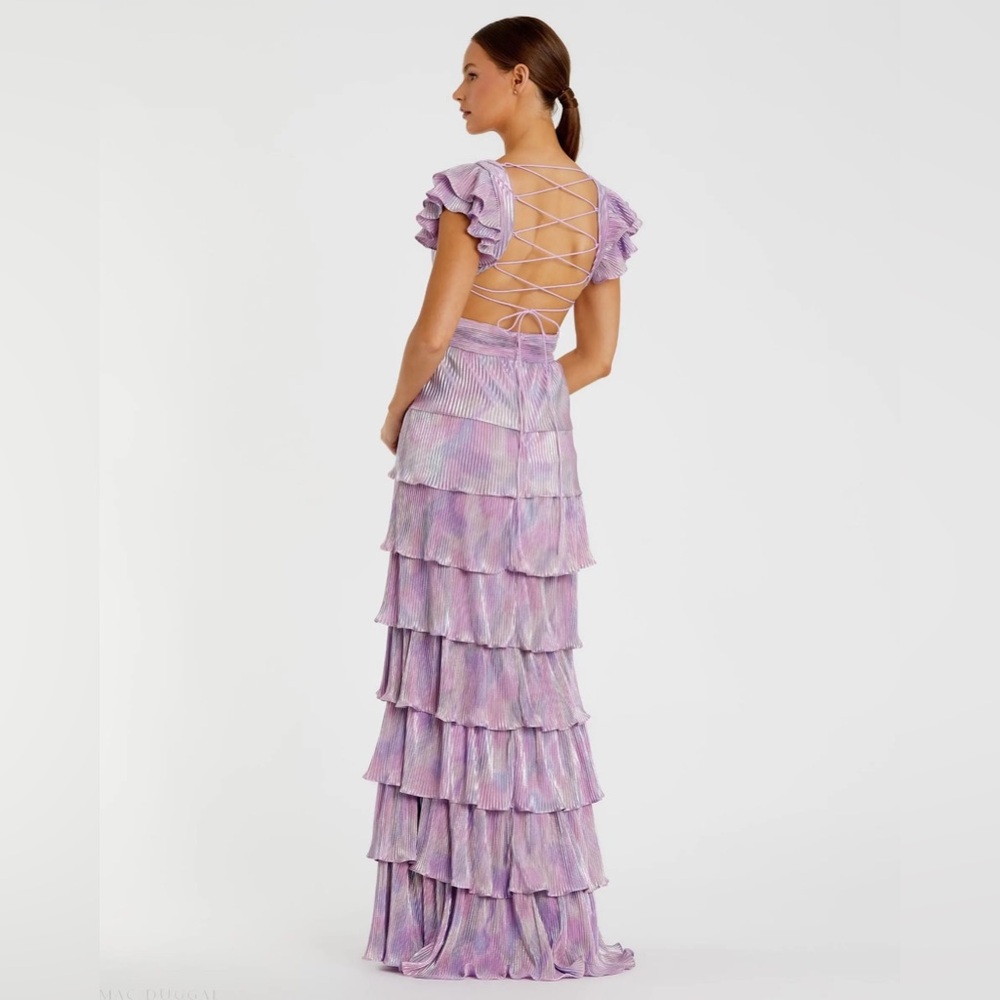 NWT Mac Duggal Purple Ruffle Tiered Criss Cross Lace Up Gown 2